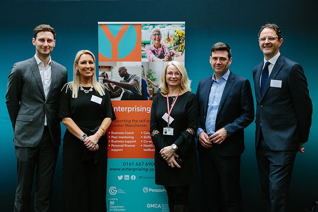 Left to right: Cllr Sean Fielding - Leader of Oldham Council; Janine Smith, Head of Specialist Services – GC Business Growth Hub; Hilary Centeleghe, Growth and Startup Lead at GC Business Growth Hub; Mayor of Greater Manchester Andy Burnham; and Matthew Dooley – People Plus