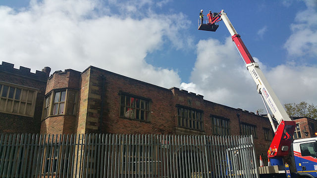 Work is being undertaken to reroof Hopwood Hall (photo of works in 2020)