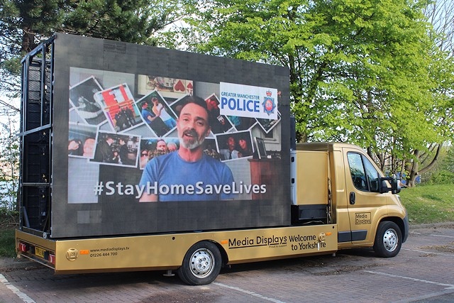 The van displaying a still from the messaging which will be played