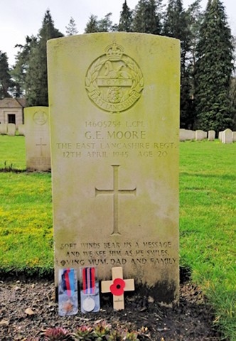 The grave of Lance Corporal George Edward Moore in Becklingen War Cemetery in Germany