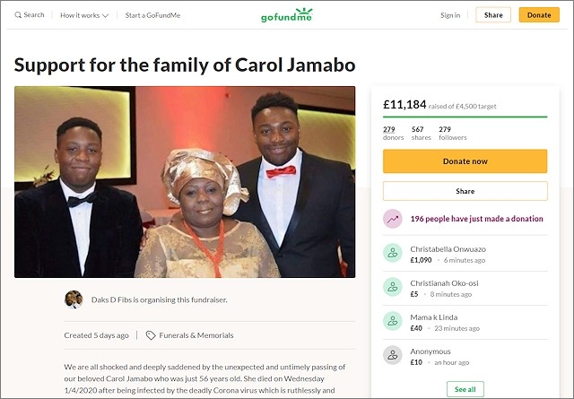 Gofundme page set up by Carol Jamabo's nephew