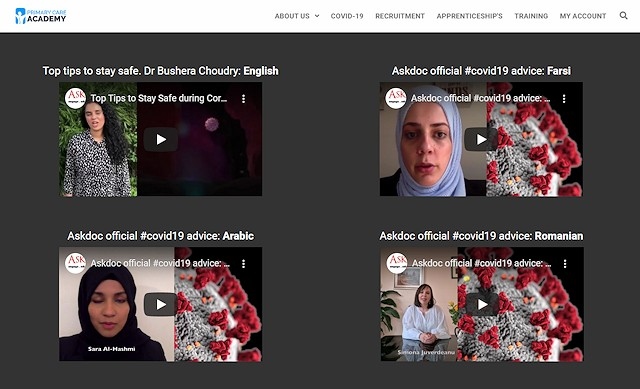 A screenshot of some of the videos available on the Primary Care Academy web site