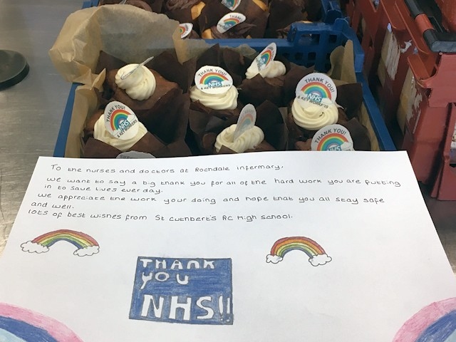 Staff and students at St Cuthbert’s in Rochdale made cakes for staff at Rochdale Infirmary and Royal Oldham Hospital