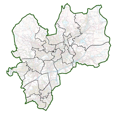 Current wards of Rochdale Borough Council. Image contains Ordnance Survey data (c) Crown copyright and database rights 2020