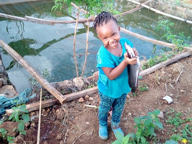 Gabriel Njeru’s granddaughter holding a fish harvested from their family water pan