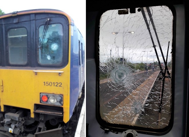 Damage to train window caused by a stone thrown from a bridge