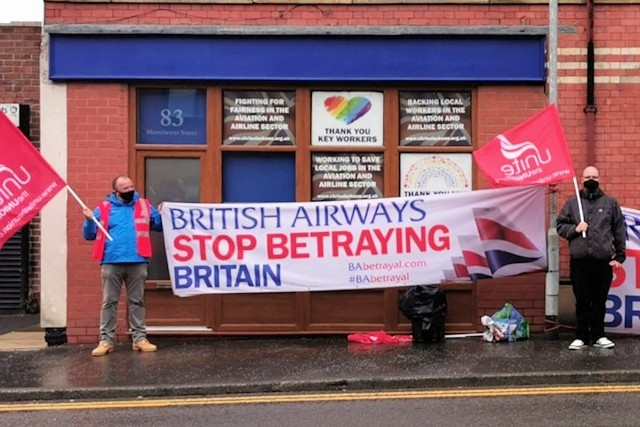 Members of the Unite Union protested against the redundancies being negotiated by British Airways