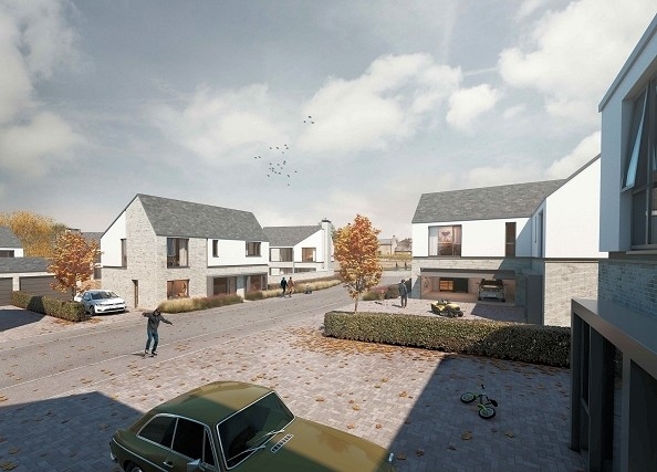 CGI of view to courtyard at proposed redevelopment of Milnrow Soccer Village, Wildhouse Lane, Rochdale - Buttress Architects Ltd for Lancet Homes Ltd