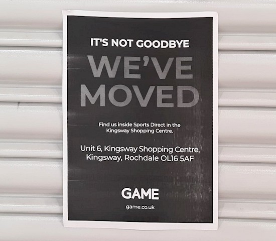 The sign on the former GAME store in Rochdale Exchange