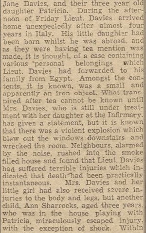The death of Lieutenant John Edward Davies was reported in the local newspaper