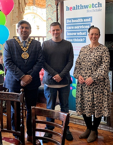 (L-R) The Mayor of Rochdale, Councillor Aasim Rashid, Healthwatch Rochdale Interim Chair of the Board, Ben Greenwood and Healthwatch Rochdale Volunteer & Involvement Officer, Naomi Kenyon