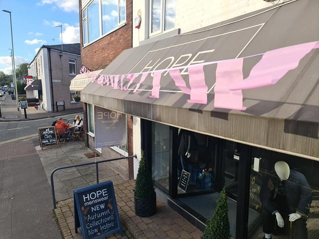 Pink bunting outside Hope on Edenfield Road