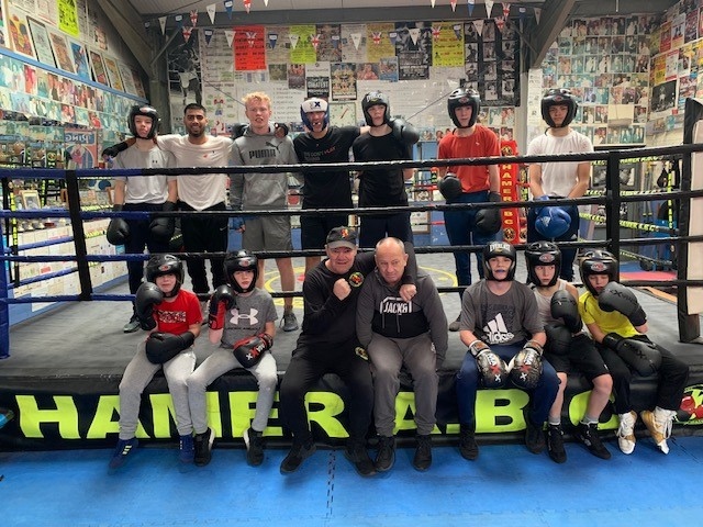 Hamer coach Steven Connellan (centre, left) and Kevin Taylor (centre, right) with the Hamer boxing team