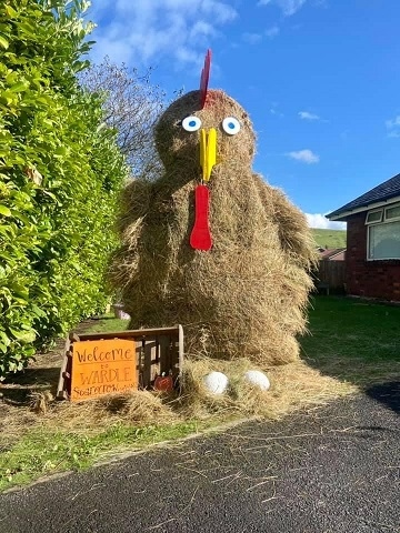 An eight-foot tall chicken scarecrow