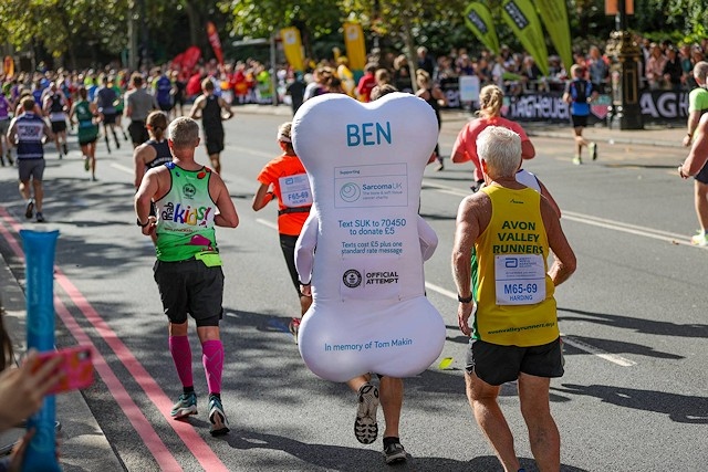 Ben Bate set a new Guinness World Record on Sunday at the London Marathon for Fastest Marathon Dressed as a Body Part (male). Credit: Ian Randall Photography