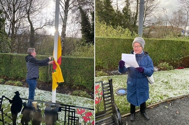 Simon France raises the Lancashire flag in Littleborough for a second time as Gloria Warburton reads the Proclamation