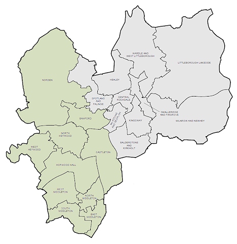 The current Heywood & Middleton constituency (pale green) and Rochdale constituency (pale grey) boundaries