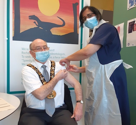 Mayor of Rochdale, Billy Sheerin gets his vaccination at Number One Riverside