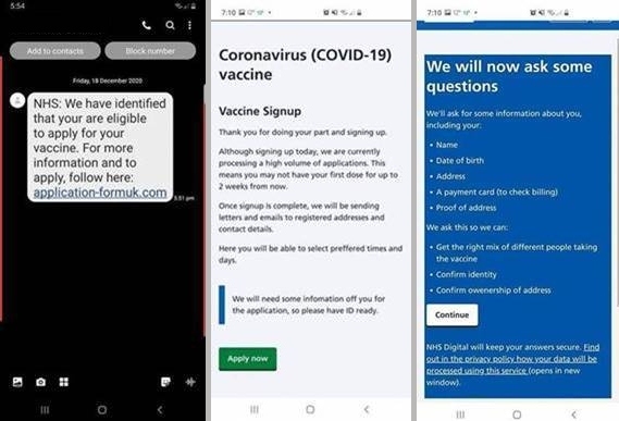 An example of the scam text being sent about Covid-19 vaccinations