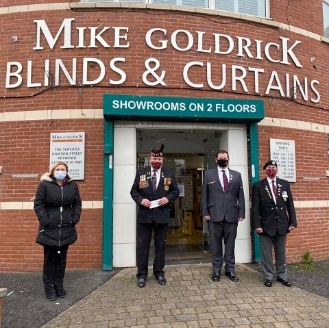 Mike Goldrick Blinds & Curtains presented a cheque to Heywood Veterans Association