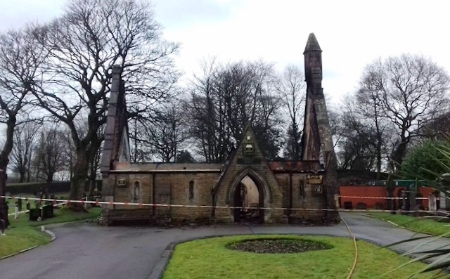 The chapel in Heywood Cemetery after the fire