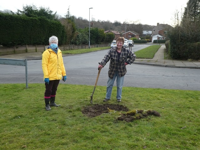 Two women stand either side of a dug hole with a spade, ready to plant a tree whip