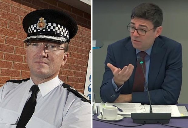 Former Chief Constable Ian Hopkins (left) was asked to resign by Mayor Andy Burnham (right)