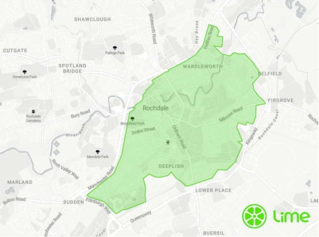 A map showing the areas in Rochdale that scooters will initially operate in