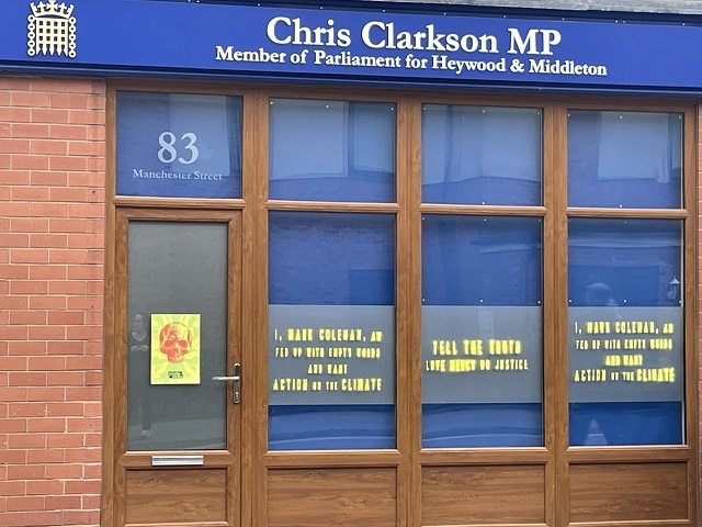 Extinction Rebellion activist Mark Coleman spray painted a message to MP Chris Clarkson