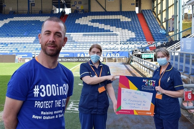 L-R: NorthCare Charity fundraiser Tim Greenwood, with Lynne Charles and Helen Barrow from the Intensive Care Unit (ICU) at The Royal Oldham Hospital