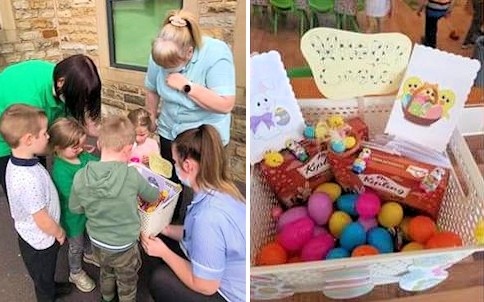 Children from Ashworth View looking in the box from Beechwood with Lisa Wood nursery practitioner from Ashworth view, Jane Hazley care assistant from Beechwood and Gemma Doherty activity coordinator from Beechwood