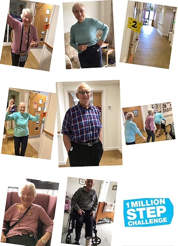 Staff and residents at Barley View care home show off their pedometers