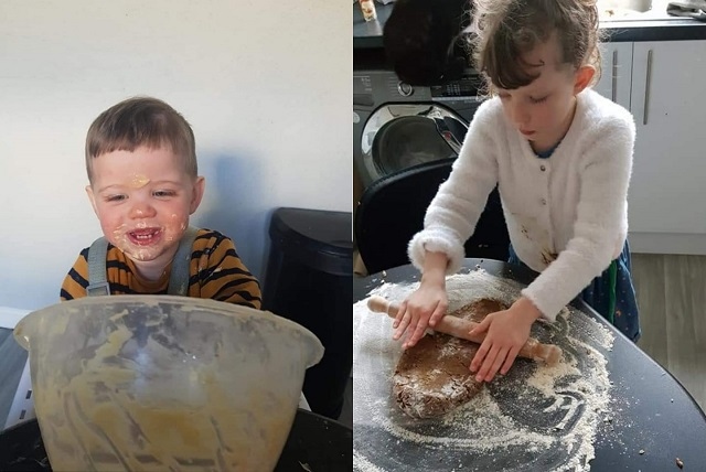 Rosie (right) and Theo (left) baking gingerbread men and cake, respectively