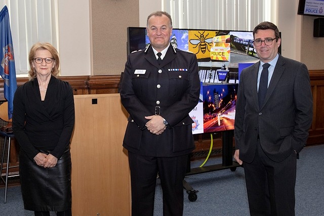 Bev Hughes, Deputy Mayor for Policing, Crime, Criminal Justice and Fire; Stephen Watson QPM, the new Chief Constable of Greater Manchester Police and Mayor of Greater Manchester, Andy Burnham