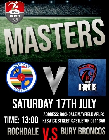 Poster for the upcoming Rochdale Masters v Bury Broncos rugby