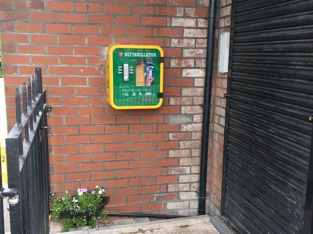 The defibrillator installed at Hopwood Park