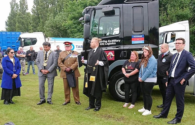Revd Gavin Vitler hosts a memorial service before the annual ride begins. (Pictured L-R) Mayoress of Rochdale Rifit Rashid, Mayor of Rochdale Councillor Aasim Rashid, Major Ian Battersby, Revd Gavin Vitler, Lyn and Amy Rigby, Darren Wright from Veterans Into Logistics and Mayor of Greater Manchester Andy Burnham.