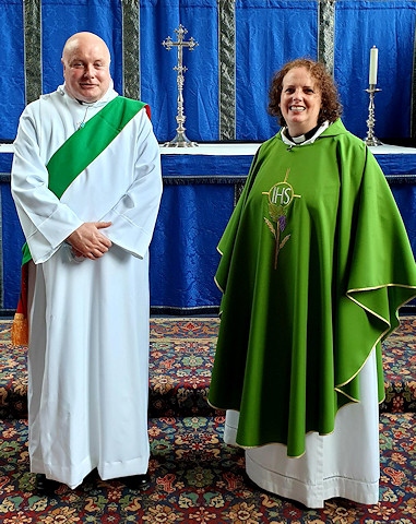Fr. Darren Quinlan and Revd Anne Gilbert at her first Sunday service as vicar of Rochdale