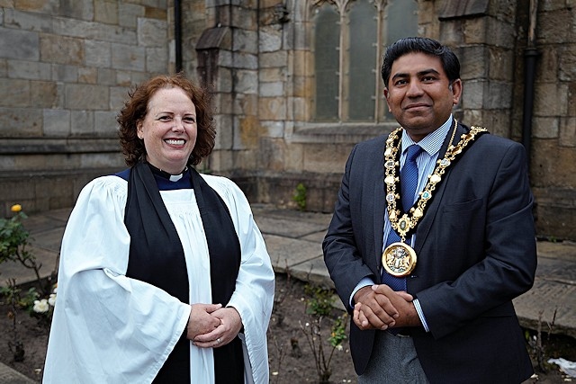 Rev Anne Gilbert with Councillor Aasim Rashid, Mayor of Rochdale