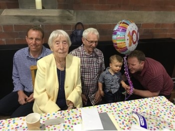 Marjorie Greenhalgh with (l to r) her grandson Andrew, son Duncan, great grandson Callum and grandson Mark, Callum's dad