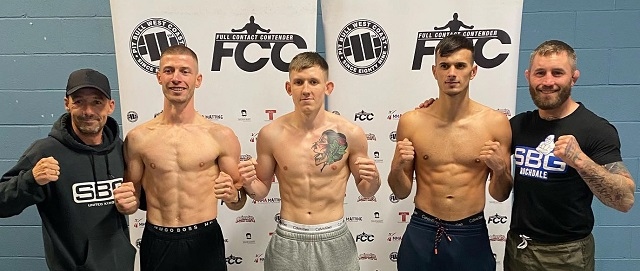 SGB's fighters making weight before the fight: Macaulay Donnelly, Trent Simms and Karl Fletcher
