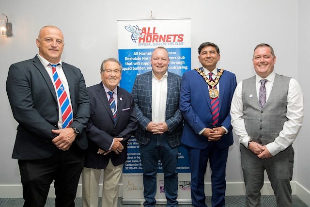 Manager Matt Calland, Peter Rush, chairman of Rochdale Hornets Andy Mazey, Mayor of Rochdale and chairman of All Hornets Mark Harris at the 150 year anniversary dinner