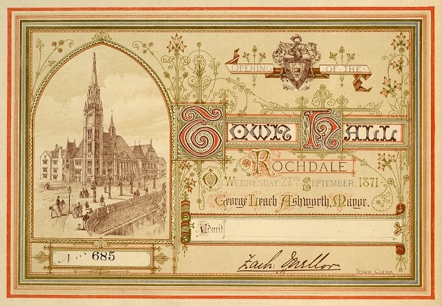 A ticket to the official opening in Rochdale Town Hall on 27 September 1871