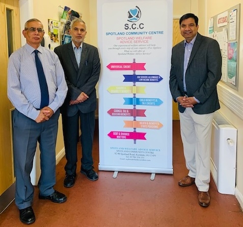 Javed Akhtar, Welfare Advice Officer; Councillor Faisal Rana (right); local resident and service user Mohammed Shafique