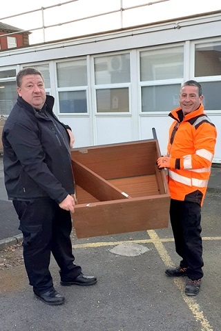 Porter Sam McLaren (high vis jacket) and Waste and Portering Supervisor Phil Leake have spearheaded Rochdale Care Organisation’s Dump the Junk campaign