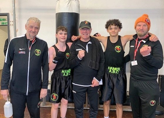 Charlie and Austin with their Hamer Boxing Club coaches