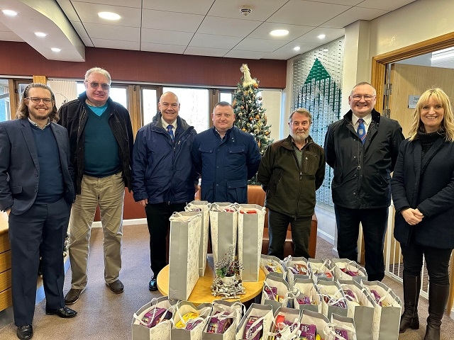 District charity steward John Taylor and other members visited Springhill Hospice in Rochdale to deliver the annual Christmas hampers