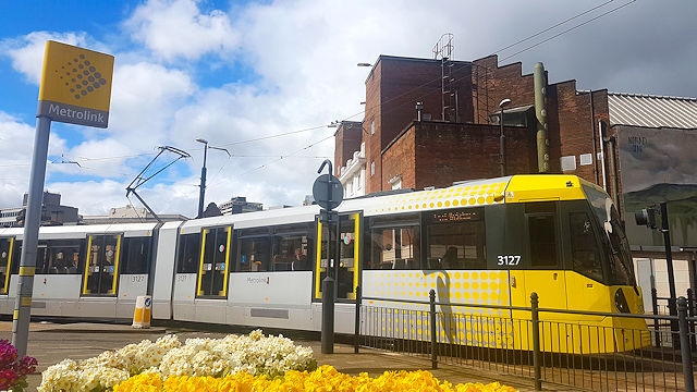 The Metrolink arriving in Rochdale town centre