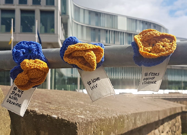 Blue and yellow knitted roses for Ukraine tied next to Lviv Bridge, Rochdale