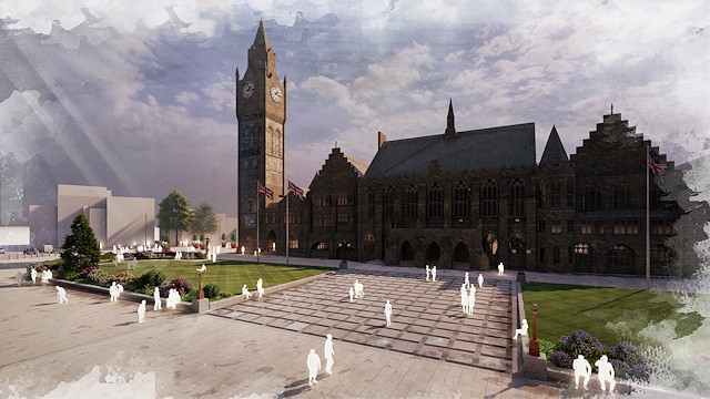 Artist's impression of the new paving which will replace the road in front of Rochdale Town Hall 
